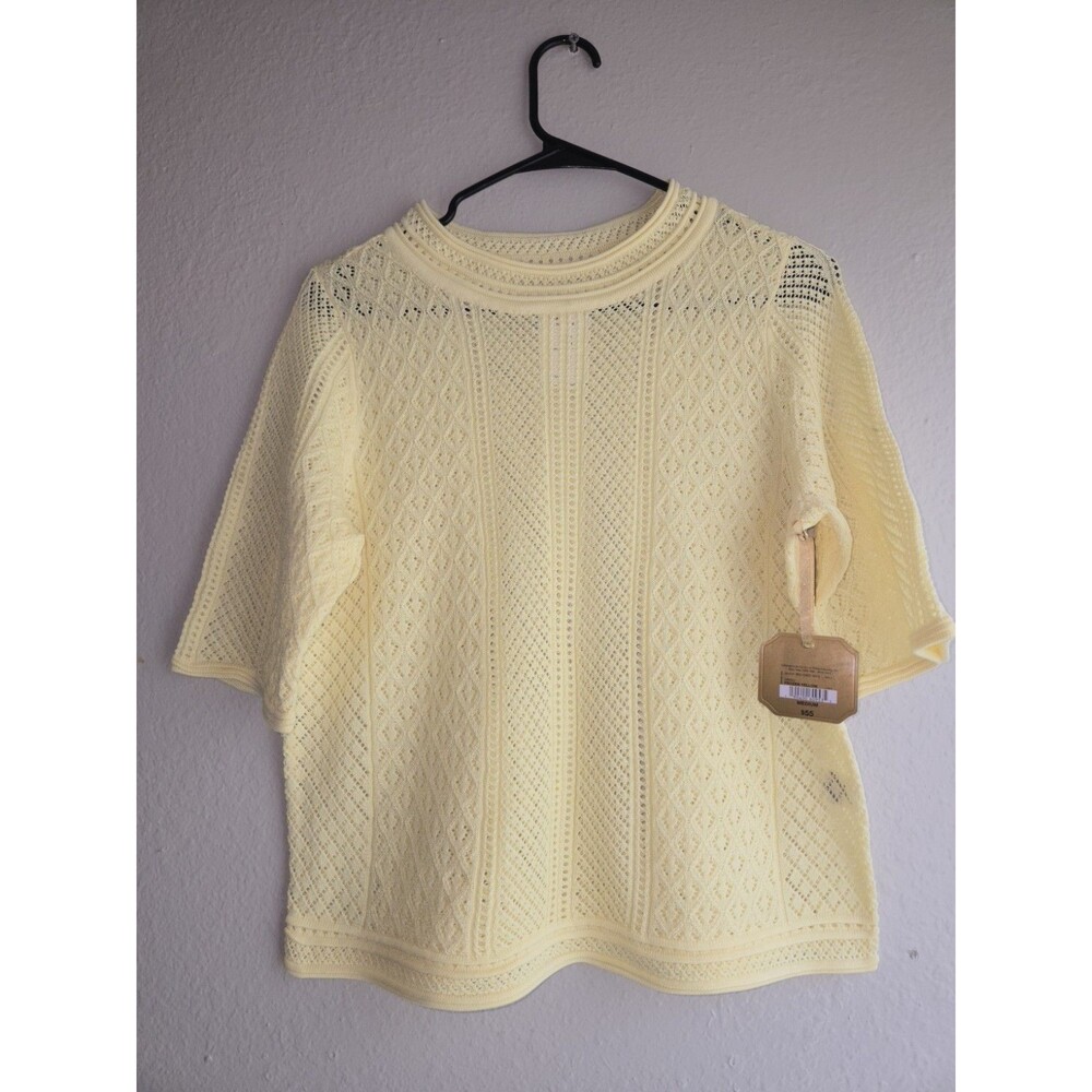 NWT Ryegrass Women Yellow Open Knit Short Sleeve Sweater Top Size M MSRP $55
